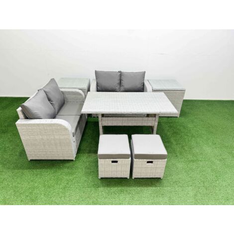Fimous 6 Seater Outdoor Love Sofa Set Rattan Garden Furniture Set with Rectangular Dining Table 2 Small Stools 2 Side Tables Light Grey