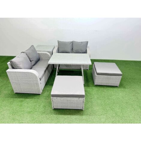 Fimous 6 Seater Outdoor Love Sofa Set Rattan Garden Furniture Set with Rectangular Dining Table Side Table 2 Big Footstool Light Grey