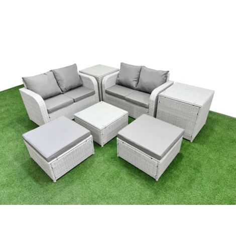 Fimous 6 Seater Outdoor Love Sofa Set Rattan Garden Furniture Set with Square Coffee Table 2 Footstool 2 Side Tables Light Grey