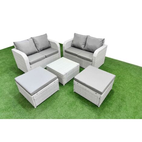 Fimous 6 Seater Outdoor Love Sofa Set Rattan Garden Furniture Set with Square Coffee Table 2 Footstool Light Grey
