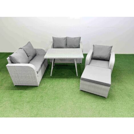 Fimous 6 Seater Outdoor Rattan Garden Furniture Set Love Sofa Reclining Chair Set with Rectangular Dining Table Big Footstool Light Grey