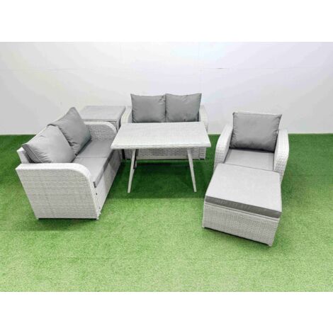 Fimous 6 Seater Outdoor Rattan Garden Furniture Set Love Sofa Reclining Chair Set with Rectangular Dining Table Side Table Big Footstool Light Grey