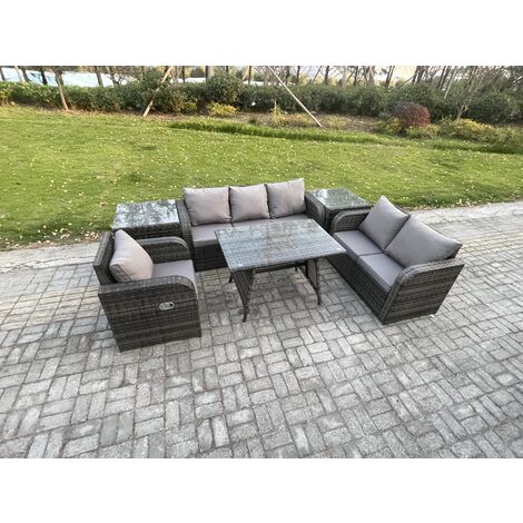 Fimous 6 Seater Outdoor Rattan Garden Furniture Set Patio Lounge Sofa Set with Dining Table 2 Side Tables Dark Grey Mixed