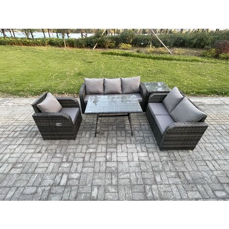 Fimous 6 Seater Outdoor Rattan Garden Furniture Set Patio Lounge Sofa Set with Dining Table Side Table Dark Grey Mixed
