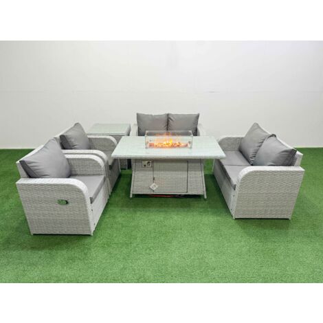 Fimous 6 Seater Outdoor Reclining Chair Love Sofa Set Rattan Garden Furniture Set with Firepit Dining Table Side Table Light Grey