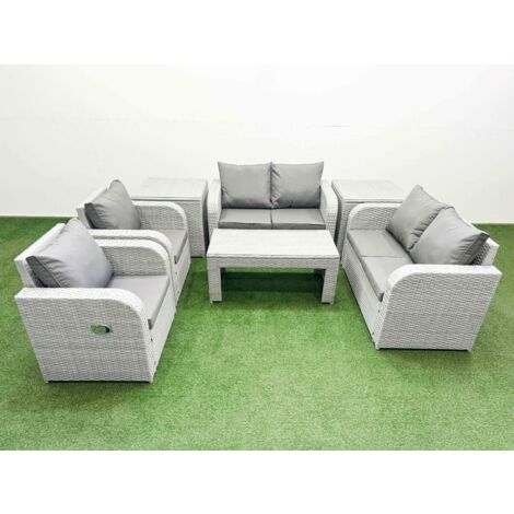 Fimous 6 Seater Outdoor Reclining Chair Love Sofa Set Rattan Garden Furniture Set with Oblong Coffee Table 2 Side Tables Light Grey