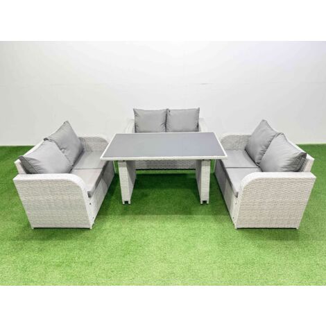 Fimous 6 Seater Patio Garden Furniture Sets with Black Glass Top Dining Table Love Sofa Light Grey