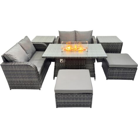 Fimous 6-seater Patio Gas Firpit Dining Table Sofa Sets Rattan Garden Furniture Dining Set with 2 Big Stools 2 Side Tables Dark Grey Mixed