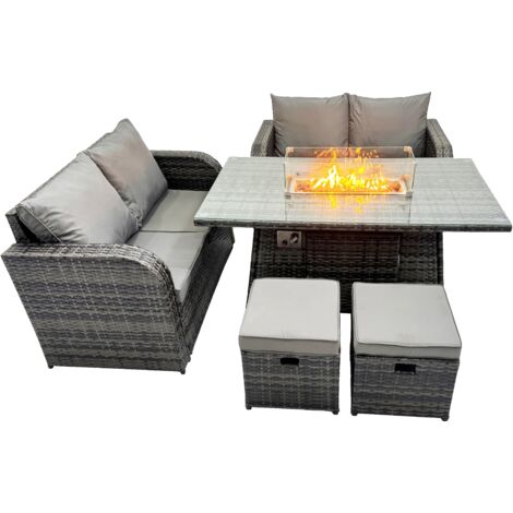 Fimous 6-seater Patio Gas Firpit Dining Table Sofa Sets Rattan Garden Furniture Dining Set with 2 Small Stools Dark Grey Mixed