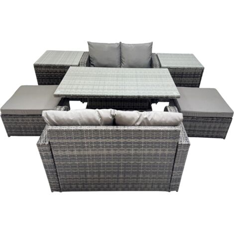 Fimous 6-seater Patio Height Adjustable Rising Lifting Table Sofa Sets Rattan Garden Furniture Dining Set with 2 Big Stools 2 Side Tables Dark Grey Mixed