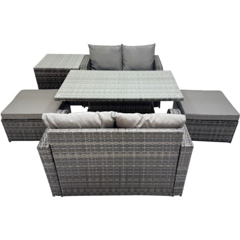 Fimous 6-seater Patio Height Adjustable Rising Lifting Table Sofa Sets Rattan Garden Furniture Dining Set with 2 Big Stools Side Table Dark Grey Mixed