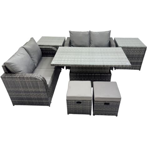 Fimous 6-seater Patio Height Adjustable Rising Lifting Table Sofa Sets Rattan Garden Furniture Dining Set with 2 Small Stools Dark Grey Mixed