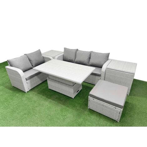 Fimous 6 Seater PE Rattan Wicker Garden Furniture Patio Conservatory Sofa Set with Adjustable Lifting Dining or Coffee Table 3 Seater Sofa Love Sofa Big Footstool 2 Side Table