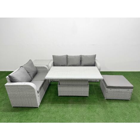 Fimous 6 Seater PE Rattan Wicker Garden Furniture Patio Conservatory Sofa Set with Adjustable Lifting Dining or Coffee Table 3 Seater Sofa Love Sofa Big Footstool Side Table