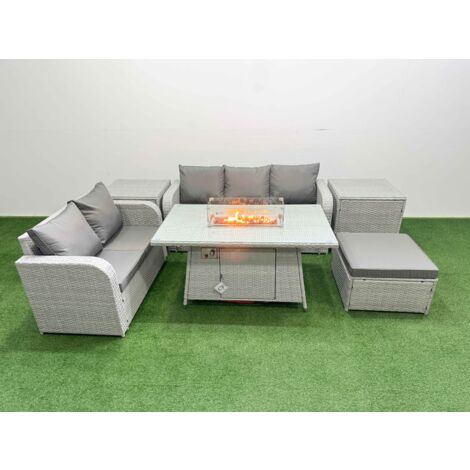 Fimous 6 Seater PE Rattan Wicker Garden Furniture Patio Conservatory Sofa Set with Firepit Dining Table 3 Seater Sofa Love Sofa Big Footstool 2 Side Table