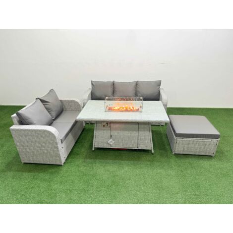 Fimous 6 Seater PE Rattan Wicker Garden Furniture Patio Conservatory Sofa Set with Firepit Dining Table 3 Seater Sofa Love Sofa Big Footstool