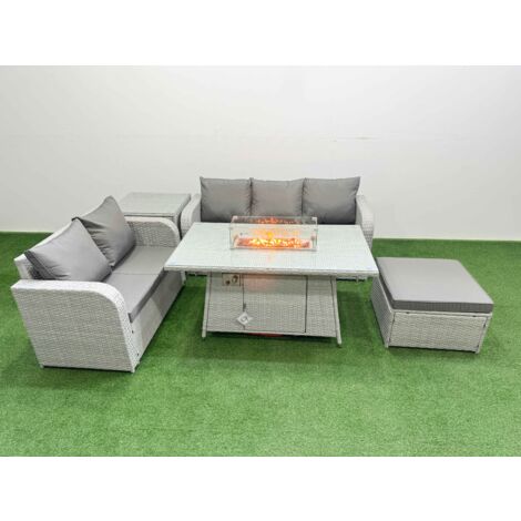 Fimous 6 Seater PE Rattan Wicker Garden Furniture Patio Conservatory Sofa Set with Firepit Dining Table 3 Seater Sofa Love Sofa Big Footstool Side Table