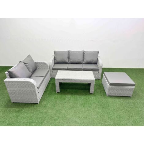 Fimous 6 Seater PE Rattan Wicker Garden Furniture Patio Conservatory Sofa Set with Oblong Coffee Table 3 Seater Sofa Love Sofa Big Footstool