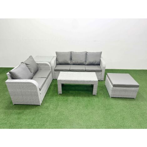 Fimous 6 Seater PE Rattan Wicker Garden Furniture Patio Conservatory Sofa Set with Oblong Coffee Table 3 Seater Sofa Love Sofa Big Footstool Side Table