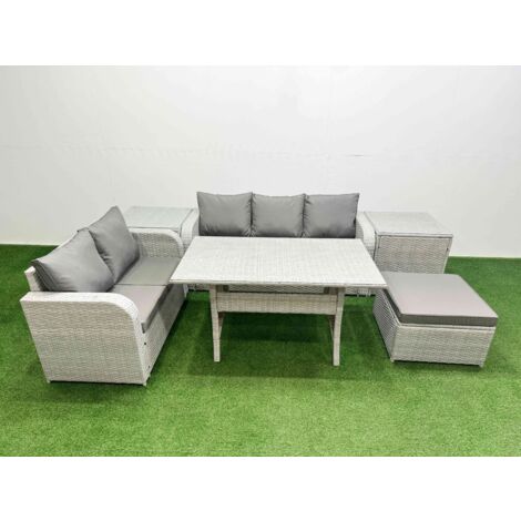 Fimous 6 Seater PE Rattan Wicker Garden Furniture Patio Conservatory Sofa Set with Rectangular Dining Table 3 Seater Sofa Love Sofa Big Footstool 2 Side Table