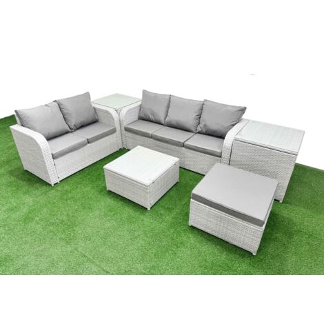 Fimous 6 Seater PE Rattan Wicker Garden Furniture Patio Conservatory Sofa Set with Square Coffee Table 3 Seater Sofa Love Sofa Big Footstool 2 Side Table