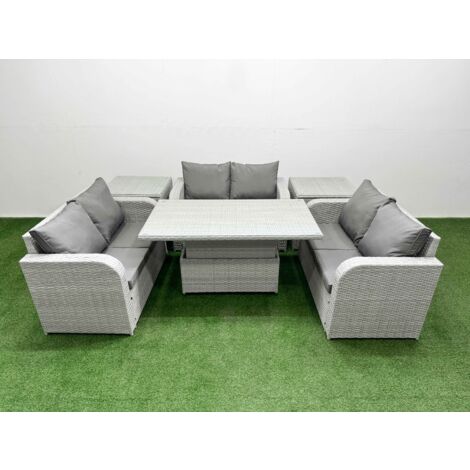Fimous  6 Seater PE Wicker Rattan Furniture Sofa Sets with Adjustable Lifting Dining or Coffee Table 2 Seater Love Sofa 2 Side Table Light Grey