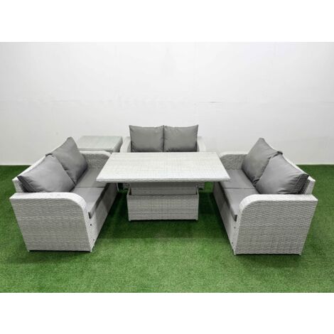 Fimous  6 Seater PE Wicker Rattan Furniture Sofa Sets with Adjustable Lifting Dining or Coffee Table 2 Seater Love Sofa Side Table Light Grey