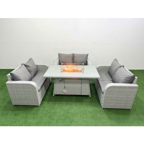 Fimous  6 Seater PE Wicker Rattan Furniture Sofa Sets with Firepit Dining Table 2 Seater Love Sofa Light Grey