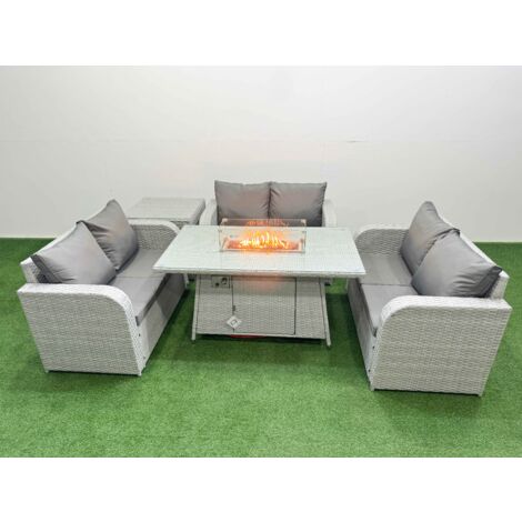 Fimous  6 Seater PE Wicker Rattan Furniture Sofa Sets with Firepit Dining Table 2 Seater Love Sofa Side Table Light Grey