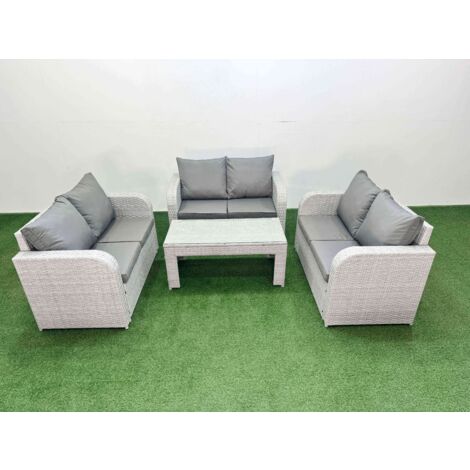 Fimous  6 Seater PE Wicker Rattan Furniture Sofa Sets with Oblong Coffee Table 2 Seater Love Sofa Light Grey