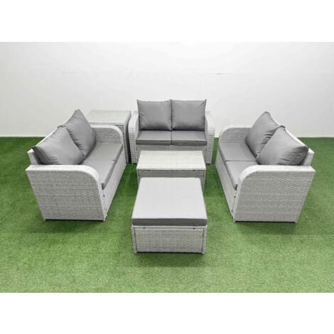 Fimous  6 Seater PE Wicker Rattan Furniture Sofa Sets with Rectangular Coffee Table 2 Seater Love Sofa 2 Side Table Light Grey