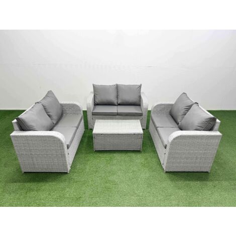 Fimous  6 Seater PE Wicker Rattan Furniture Sofa Sets with Rectangular Coffee Table 2 Seater Love Sofa Light Grey