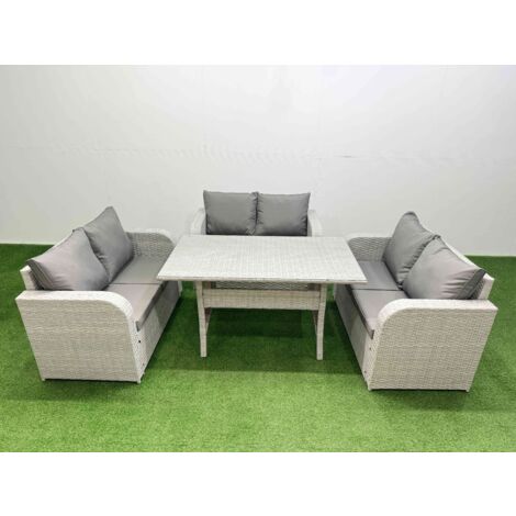 Fimous  6 Seater PE Wicker Rattan Furniture Sofa Sets with Rectangular Dining Table 2 Seater Love Sofa Light Grey