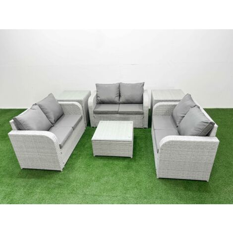 Fimous  6 Seater PE Wicker Rattan Furniture Sofa Sets with Square Coffee Table 2 Seater Love Sofa 2 Side Table Light Grey