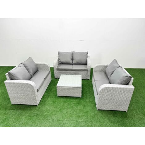 Fimous  6 Seater PE Wicker Rattan Furniture Sofa Sets with Square Coffee Table 2 Seater Love Sofa Light Grey