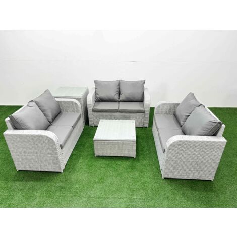 Fimous  6 Seater PE Wicker Rattan Furniture Sofa Sets with Square Coffee Table 2 Seater Love Sofa Side Table Light Grey