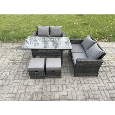 Fimous 6 Seater PE Wicker Rattan Garden Furniture Set Love Sofa Outdoor Rectangular Dining Table 2 Small Footstools Dark Grey Mixed