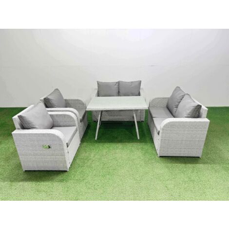 Fimous 6 Seater Rattan Garden Furniture Set Outdoor Love Sofa Set with Rectangular Dining Table Light Grey