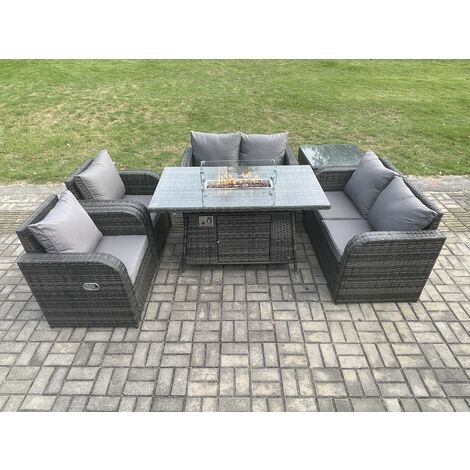 Fimous 6 Seater Rattan Garden Furniture Set Propane Gas Fire Pit Table and Sofa Chair set with Side Table