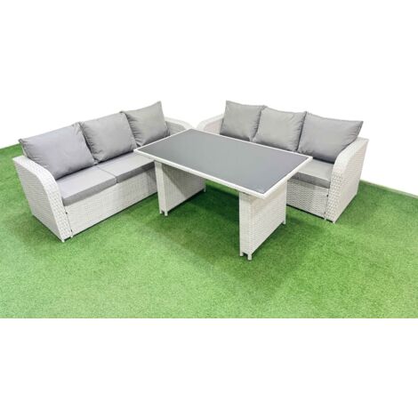 Fimous 6 Seater Rattan Outdoor Dining Table 3 Seater Sofa Set Light Grey