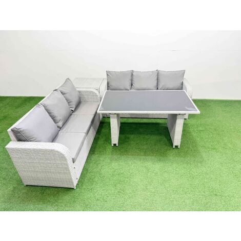 Fimous 6 Seater Rattan Outdoor Dining Table 3 Seater Sofa Set with Side Table Light Grey
