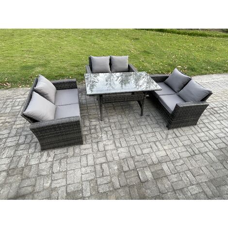 Fimous 6 Seater Rattan Wicker Garden Furniture Patio Conservatory Sofa Set Indoor Outdoor with Dining Table Double Seat Sofa