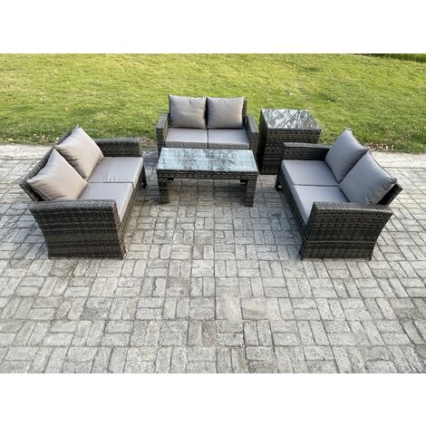 Fimous 6 Seater Rattan Wicker Garden Furniture Patio Conservatory Sofa Set with Coffee Table Double Seater Sofa Side Table