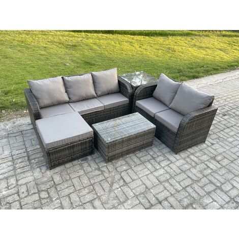 Fimous 6 Seater Rattan Wicker Garden Furniture Patio Conservatory Sofa Set with Rectangular Coffee Table 3 Seater Sofa Love Sofa Big Footstool Side Table