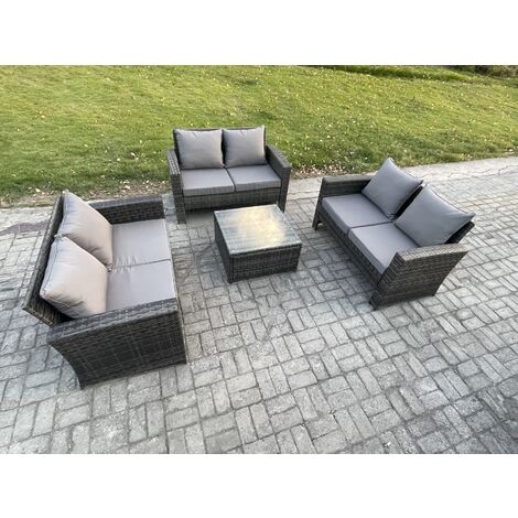 Fimous 6 Seater Rattan Wicker Garden Furniture Patio Conservatory Sofa Set with Square Coffee Table Double Seat Sofa