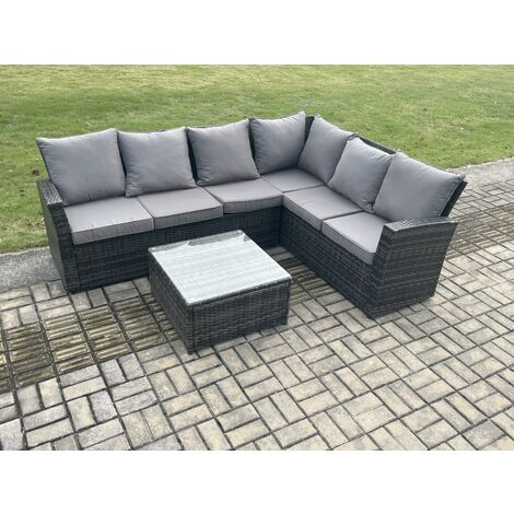 Fimous 6 Seater Wicker PE Outdoor Garden Furniture Set High Back Rattan Corner Sofa Set with Square Coffee Table