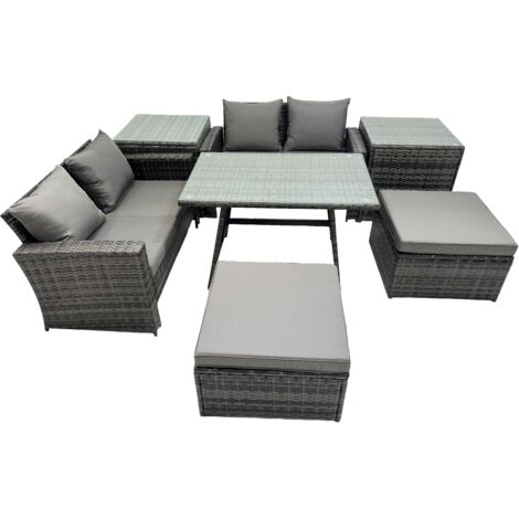 Fimous 6 Seater Wicker PE Rattan Furniture Outdoor Dining Table Double Seat Sofa 2 Big Stool 2 Side Table Set Dark Grey Mixed