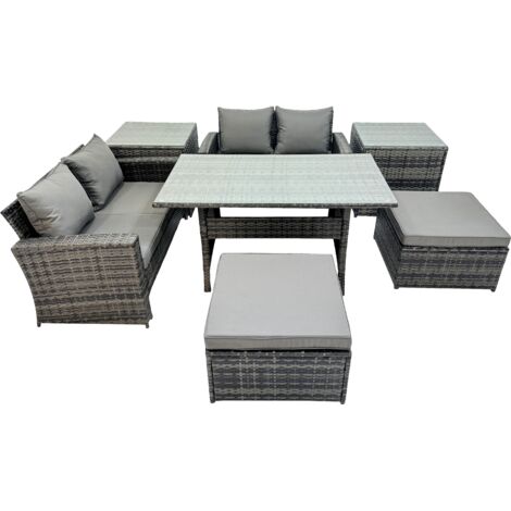 Fimous 6 Seater Wicker PE Rattan Furniture Outdoor Dining Table Double Seat Sofa 2 Side Table 2 Big Stools Set Dark Grey Mixed