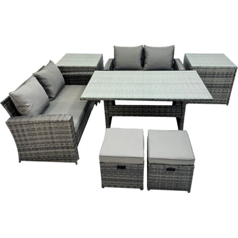 Fimous 6 Seater Wicker PE Rattan Furniture Outdoor Dining Table Double Seat Sofa 2 Side Table 2 Small Stools Set Dark Grey Mixed