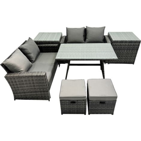 Fimous 6 Seater Wicker PE Rattan Furniture Outdoor Dining Table Double Seat Sofa 2 Small Stools 2 Side Table Set Dark Grey Mixed
